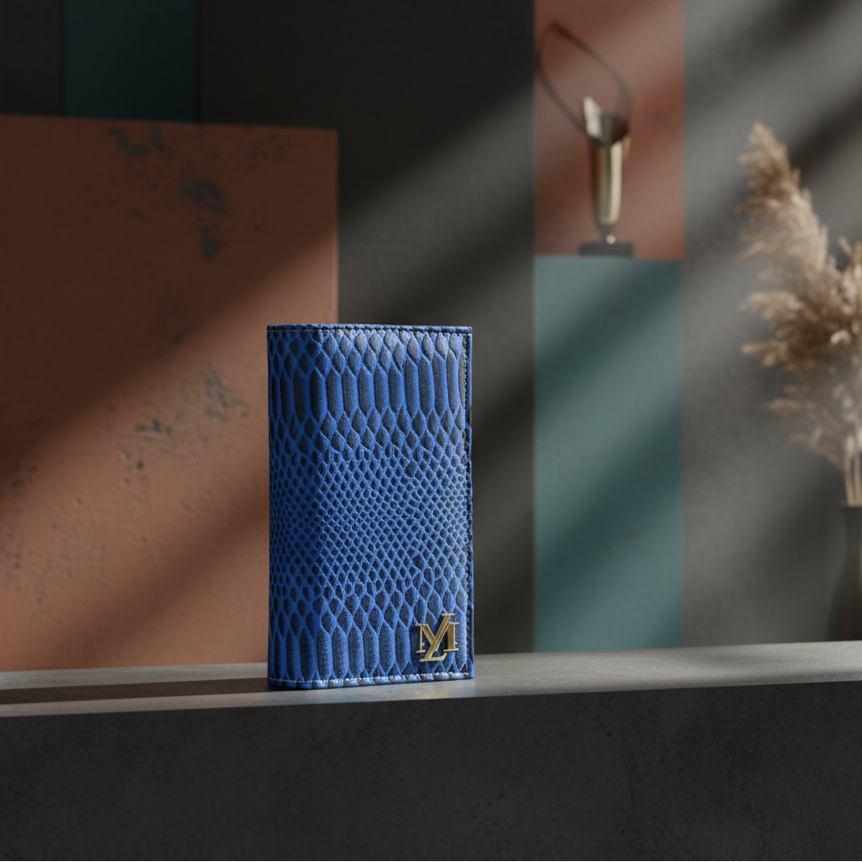 Blue textured cylindrical object on a shelf with a modern interior background