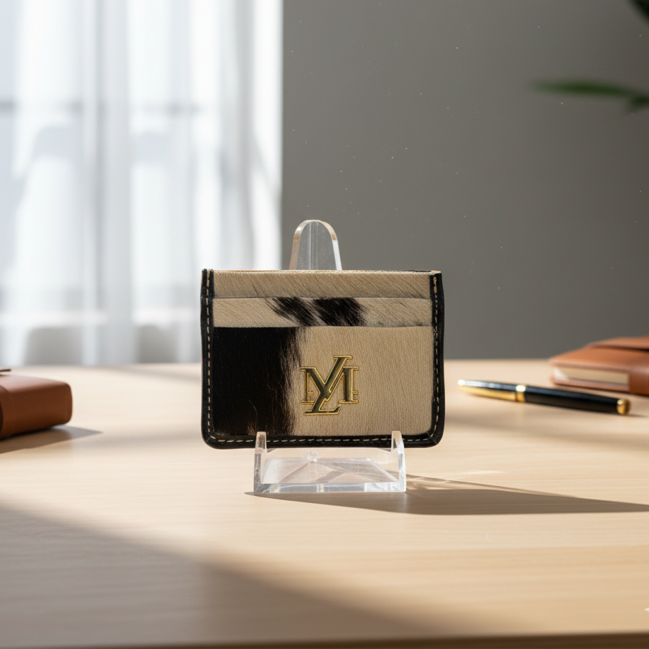Beige cardholder with gold logo on a clear stand on a wooden surface.