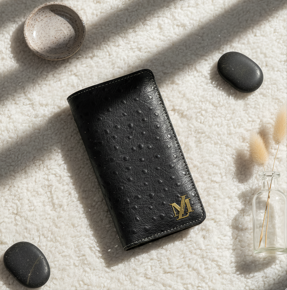 Ostrich Black zipper Long Wallet