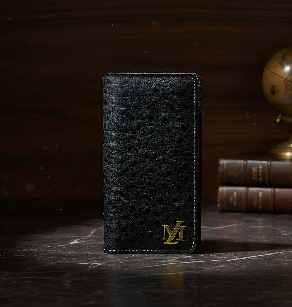 Ostrich Black zipper Long Wallet