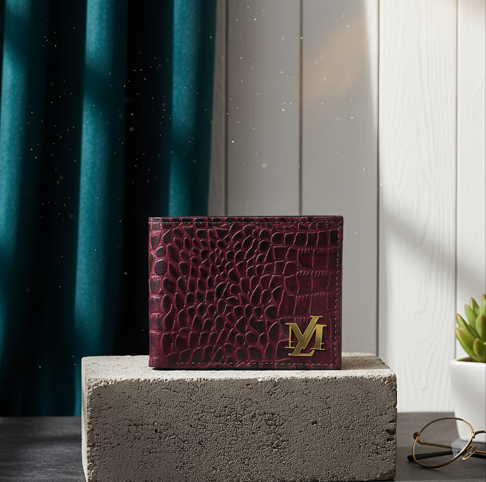 Crocodile Bi-Fold Maroon with Black Wallet