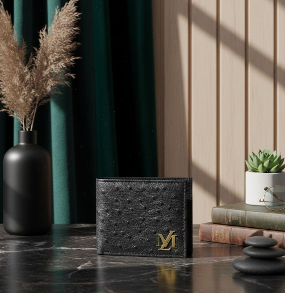 Ostrich Bi-Fold coin Pocket Black Wallet