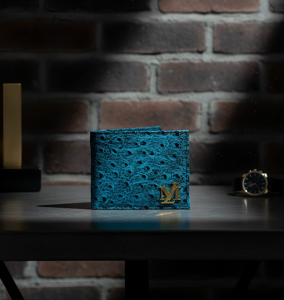 Ostrich Bi-Fold Coin Pocket ferozi with Black Wallet
