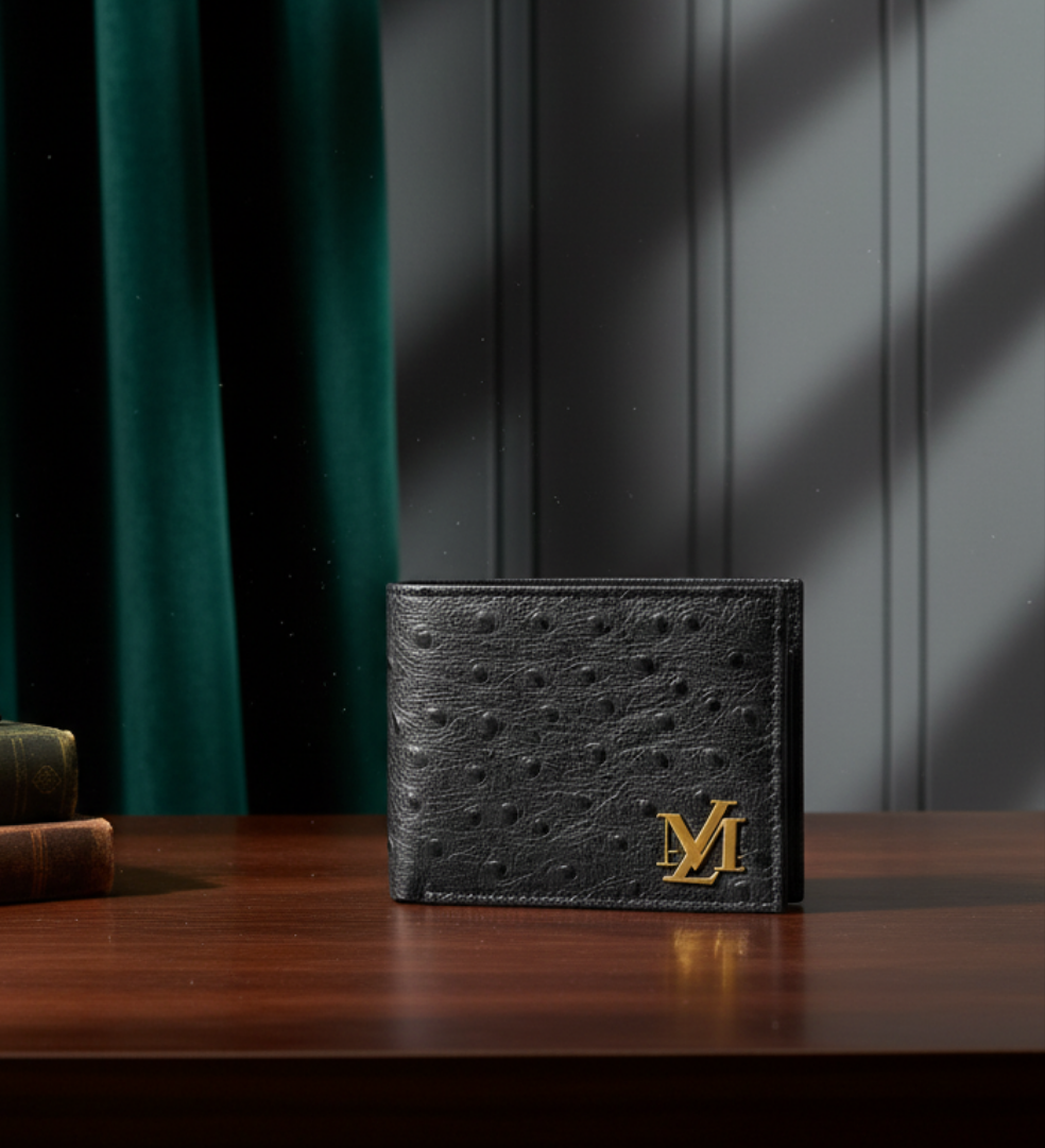 Ostrich Bi-Fold coin Pocket Black Wallet