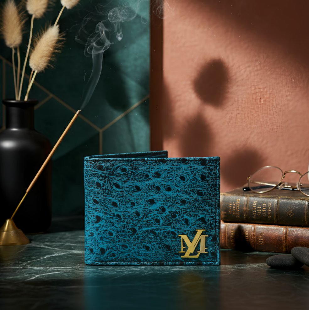 Ostrich Bi-Fold Coin Pocket ferozi with Black Wallet