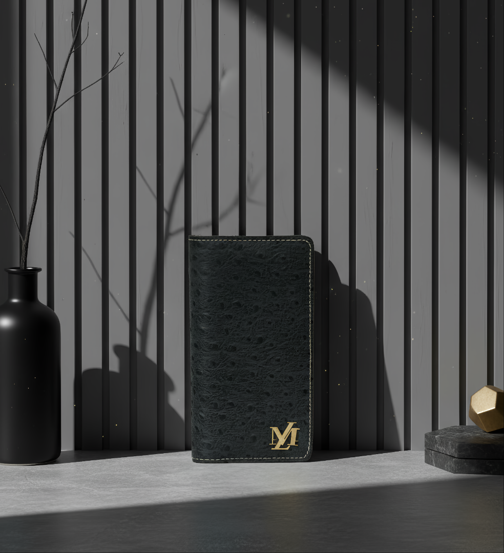 Ostrich Black zipper Long Wallet