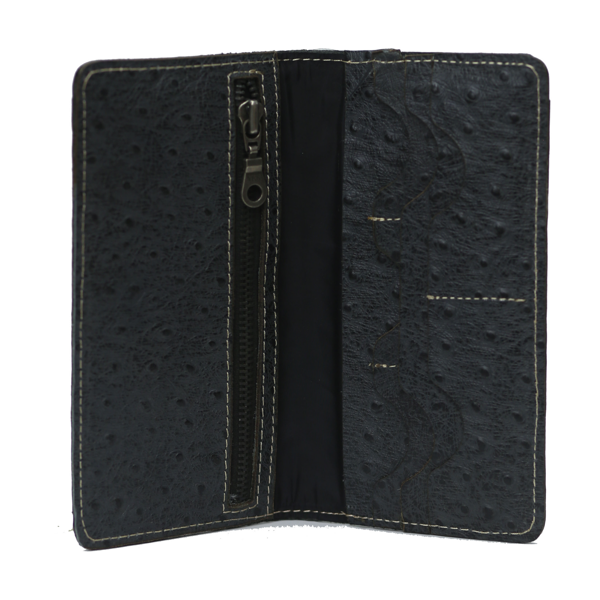 Ostrich Black zipper Long Wallet