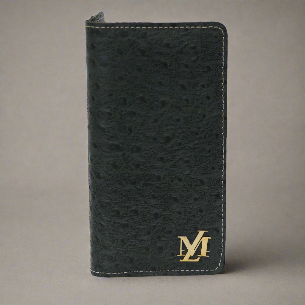 Ostrich Black zipper Long Wallet