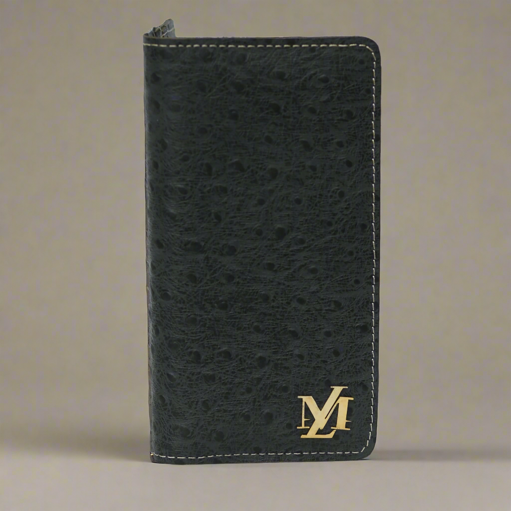 Ostrich Black zipper Long Wallet