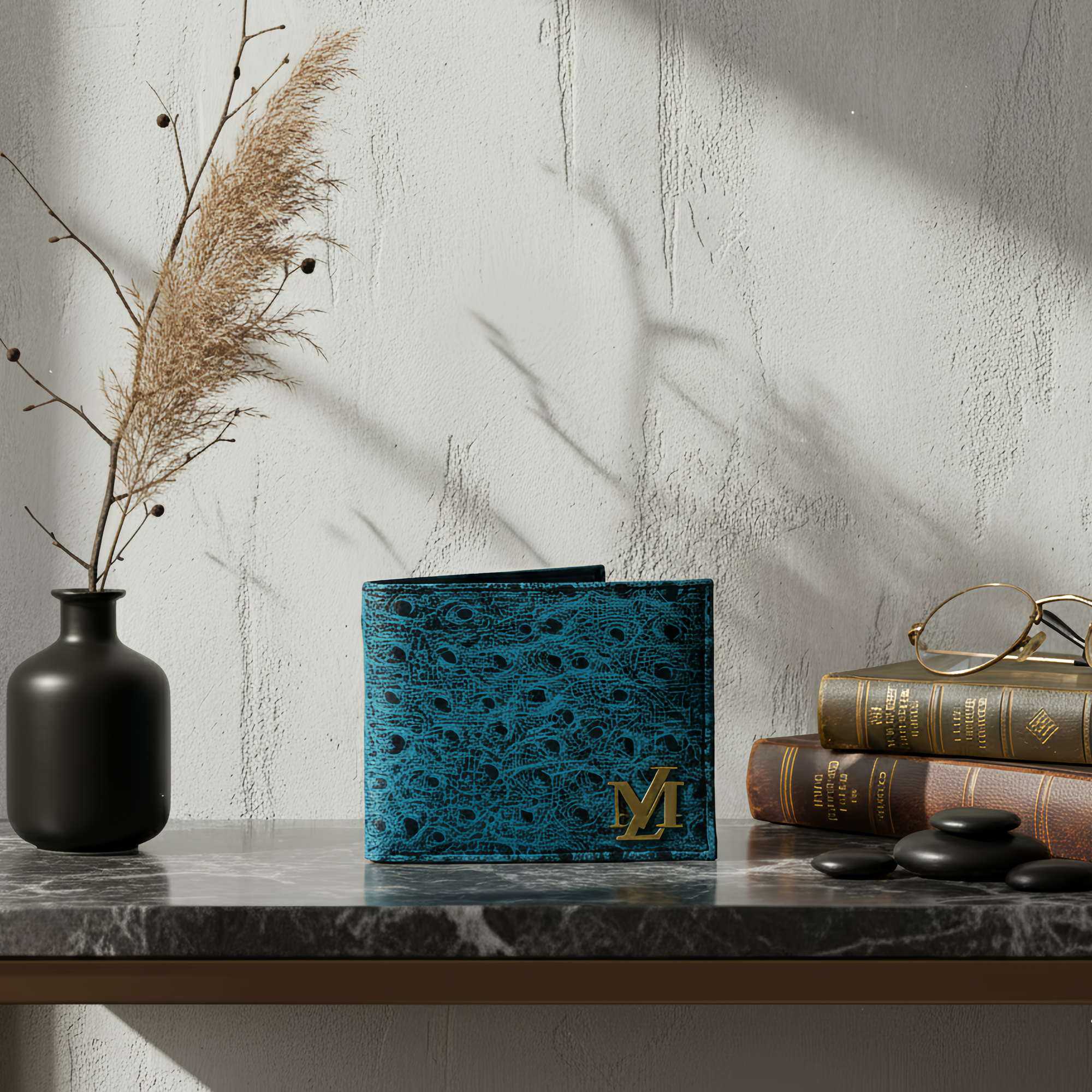 Ostrich Bi-Fold Coin Pocket ferozi with Black Wallet
