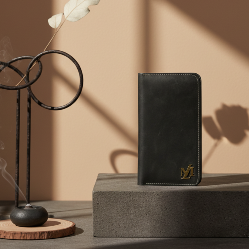 Black leather wallet with a brand logo on a gray surface with a decorative item in the background.
