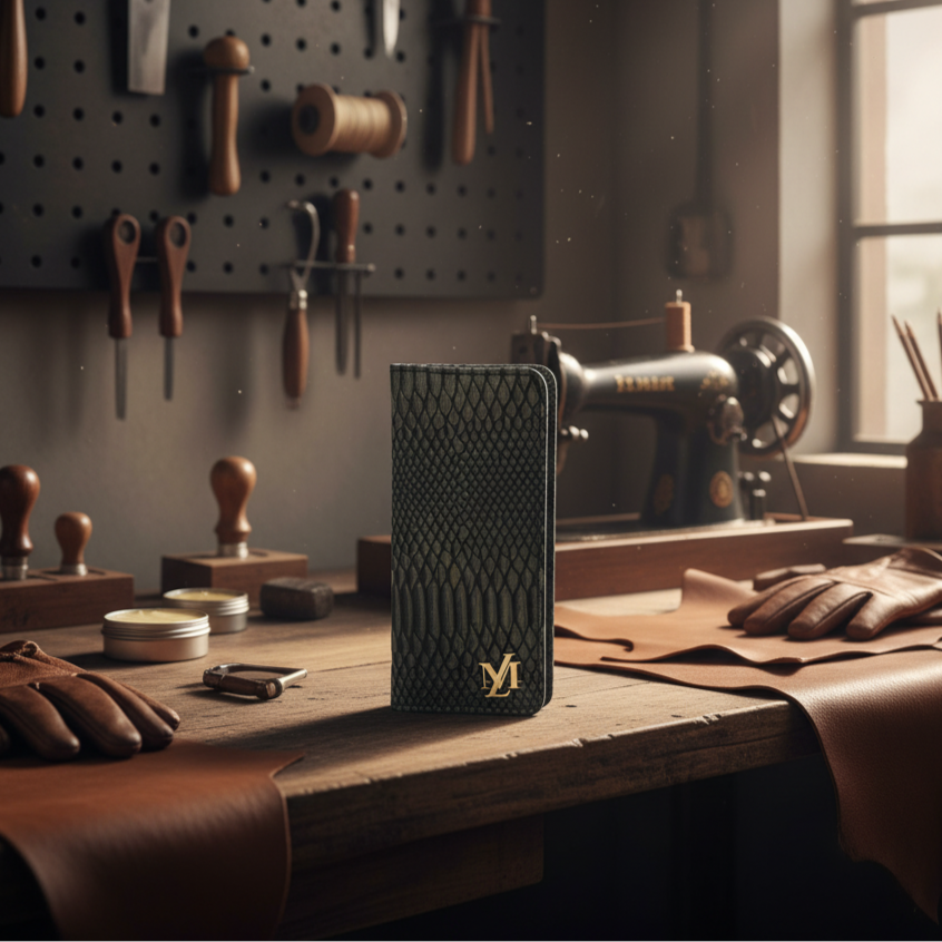 Black leather wallet with gold logo on a wooden workbench in a workshop setting.