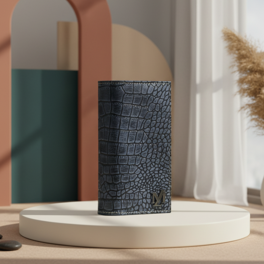 Black textured cylindrical Leather Wallet on a white platform with a decorative background