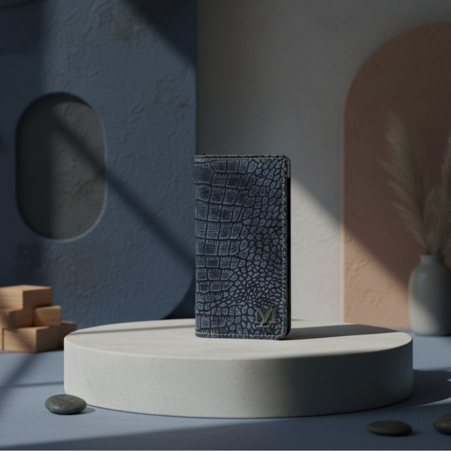 Black textured wallet on a white pedestal with a minimalistic background