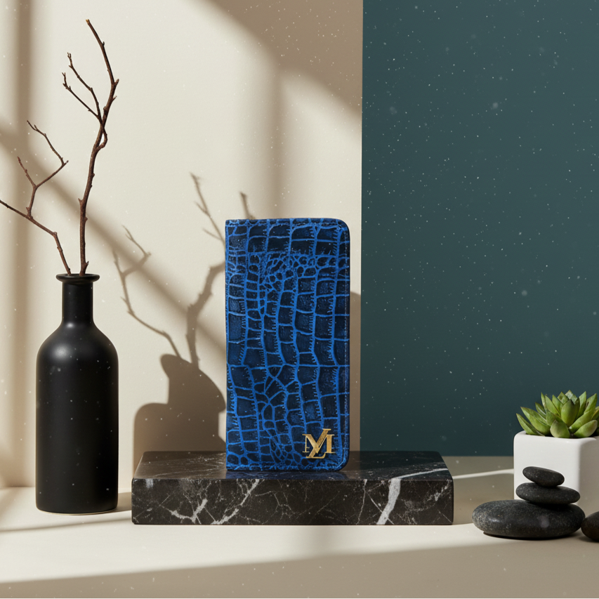 Blue crocodile-patterned Leather wallet on a black marble stand with a minimal background