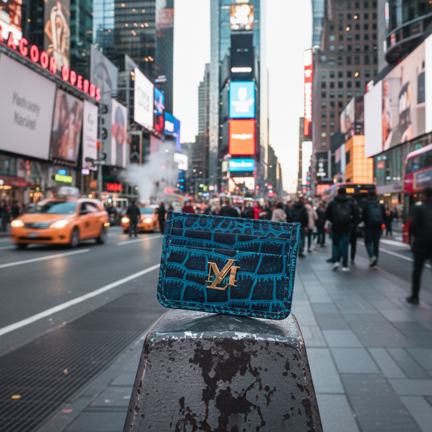 Blue handbag with gold logo on a pole in Times Square, New York City