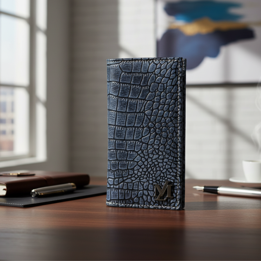 Blue textured Leather wallet on a desk with a blurred background