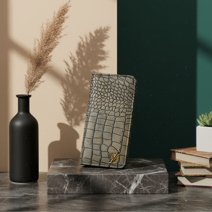 Crocodile-patterned Leather wallets  on a marble stand with a black vase and books in the background.