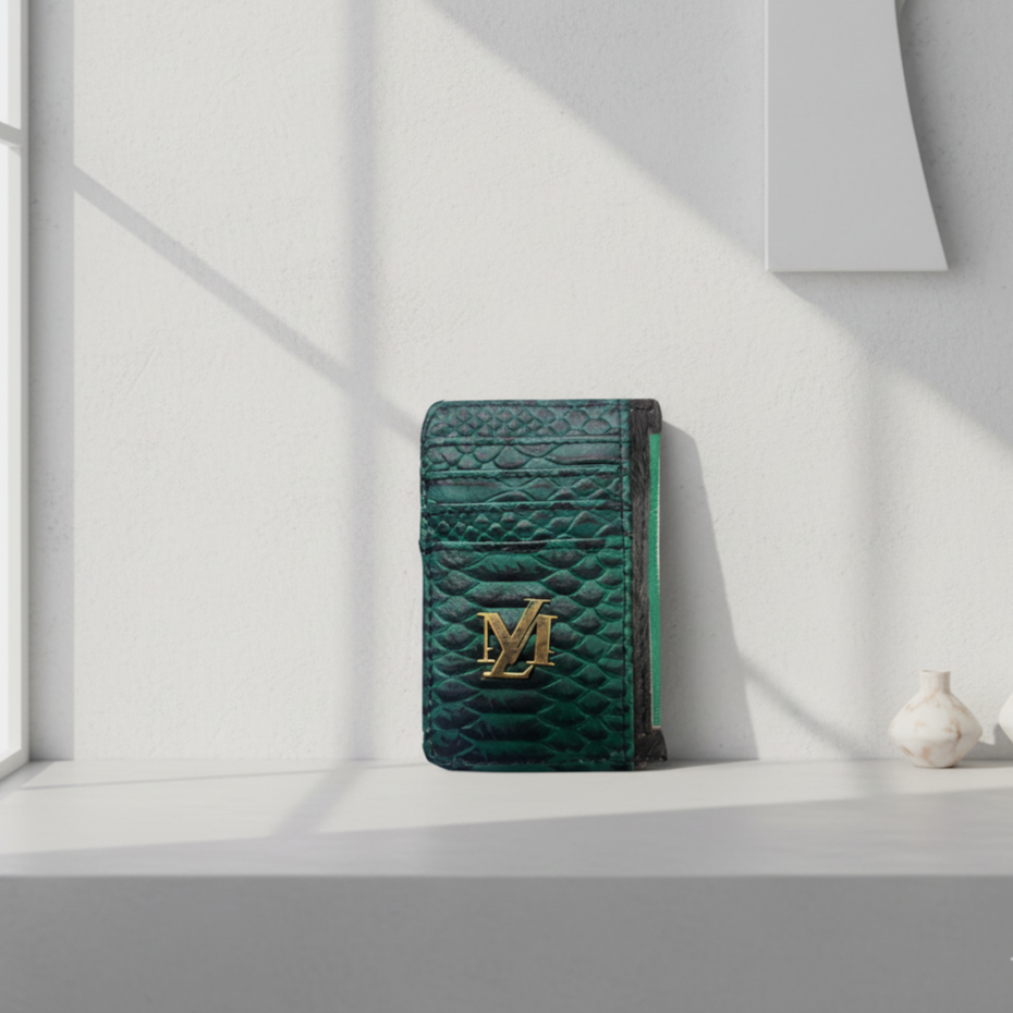 Green textured wallet with a gold logo on a white surface