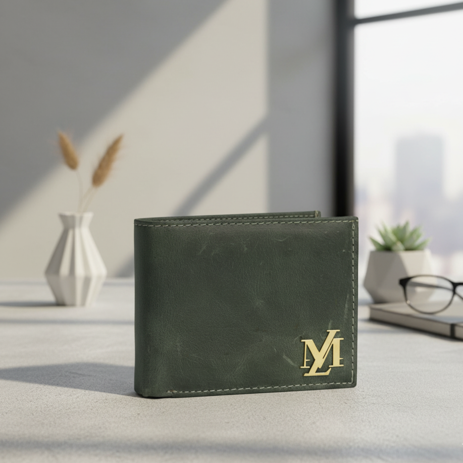 Green leather wallet with a logo on a light surface with a neutral background