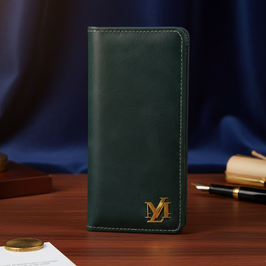 Green leather wallet with gold logo on a wooden surface with blue fabric background