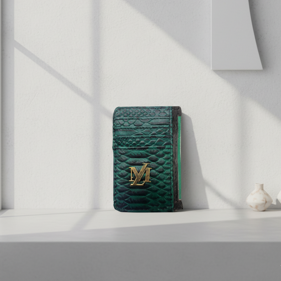 Green textured wallet with a gold logo on a white surface