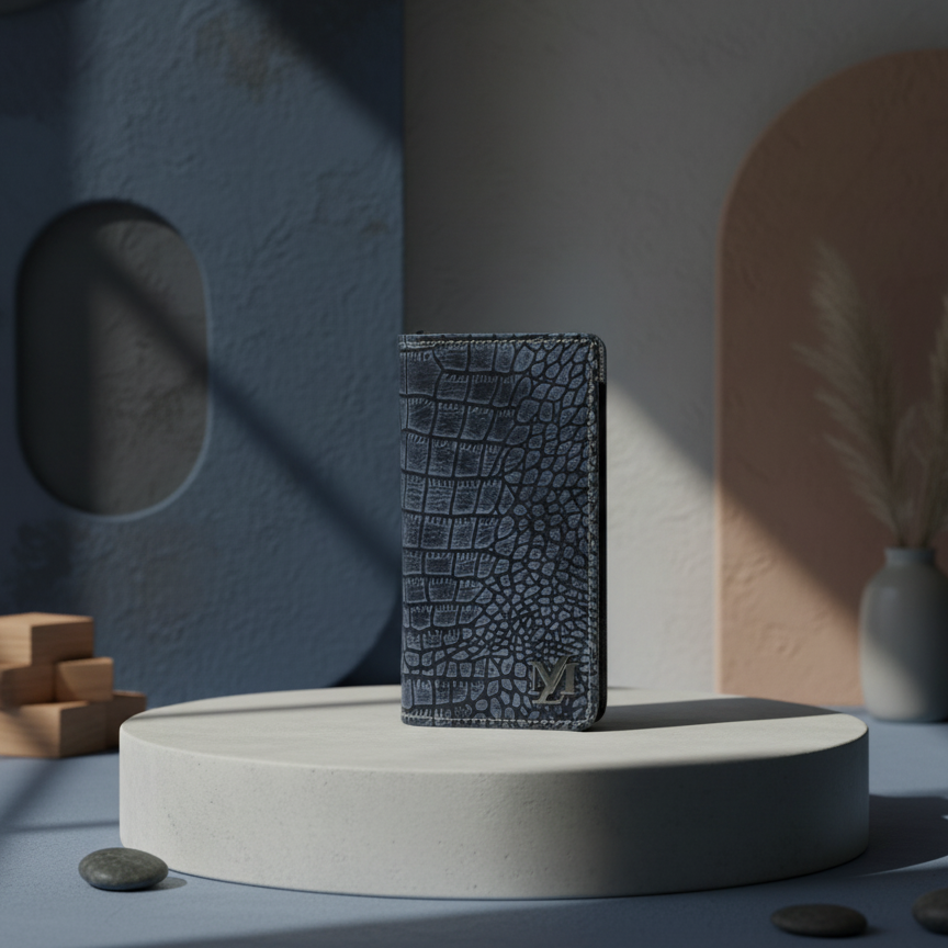 Black textured wallet on a white pedestal with a minimalistic background