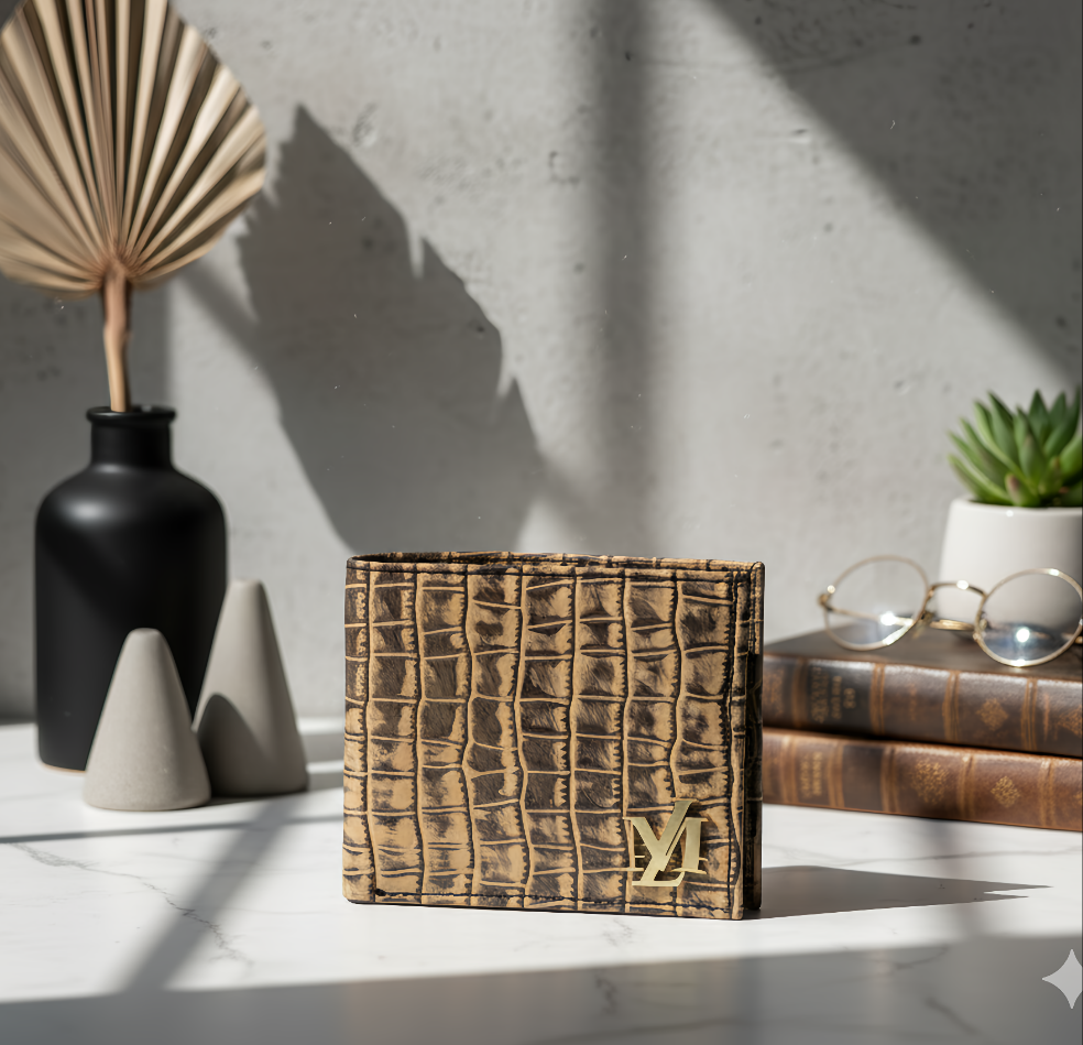 Crocodile Bi-fold Beige with Black waxed