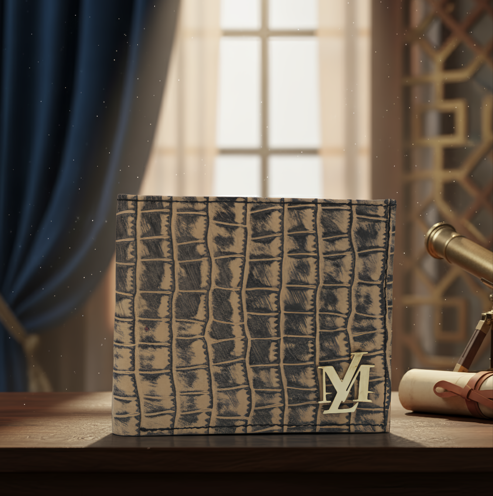 Crocodile Bi-fold Beige with Black waxed
