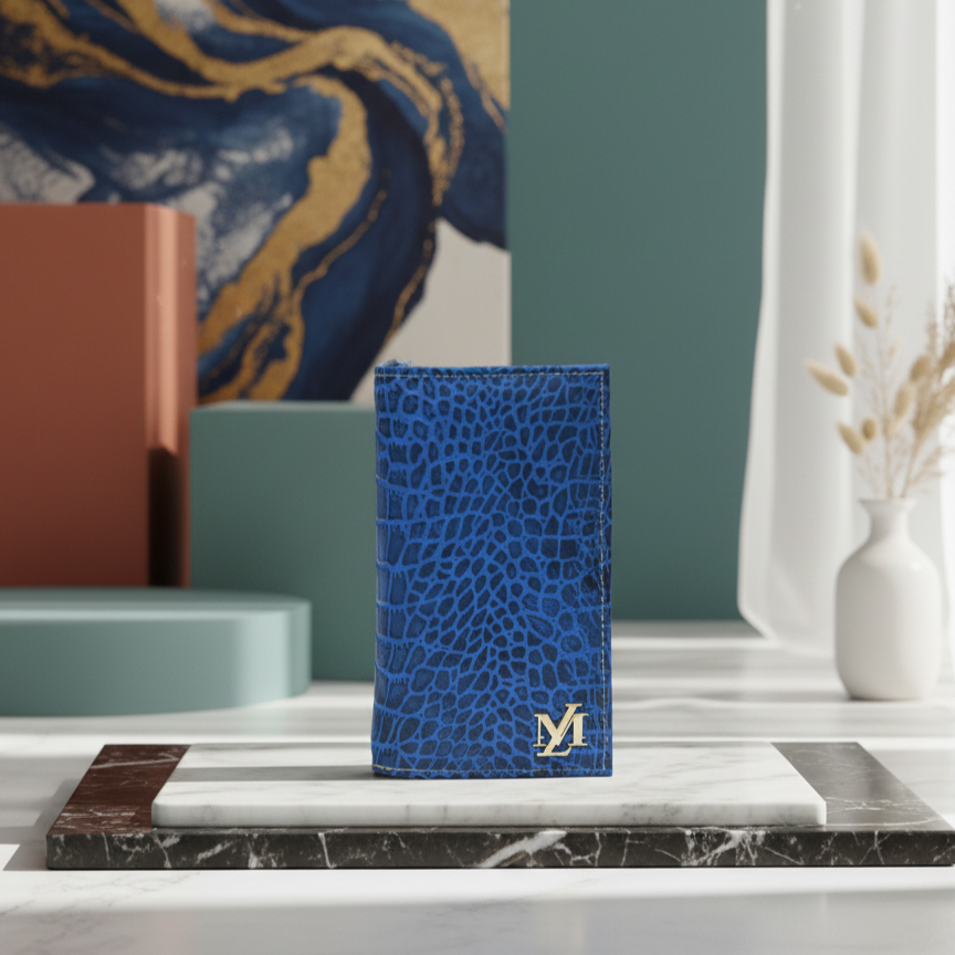 Blue textured cardholder with a logo on a marble surface