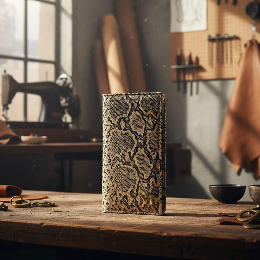 Snakeskin-patterned phone case on a wooden table with a sewing machine and tools in the background