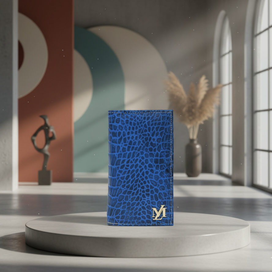 Blue textured box with a logo on a pedestal in a modern room with abstract art and plants.