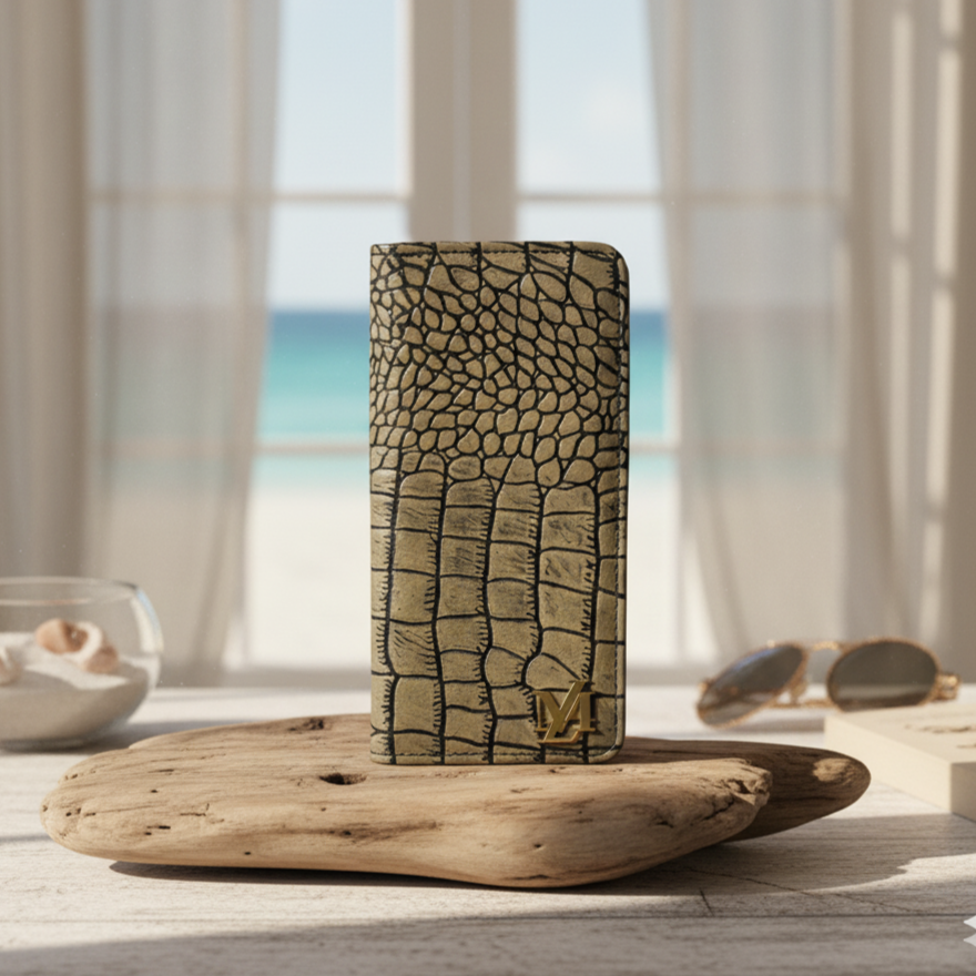 Leather wallet  with crocodile pattern on a wooden surface with beach view