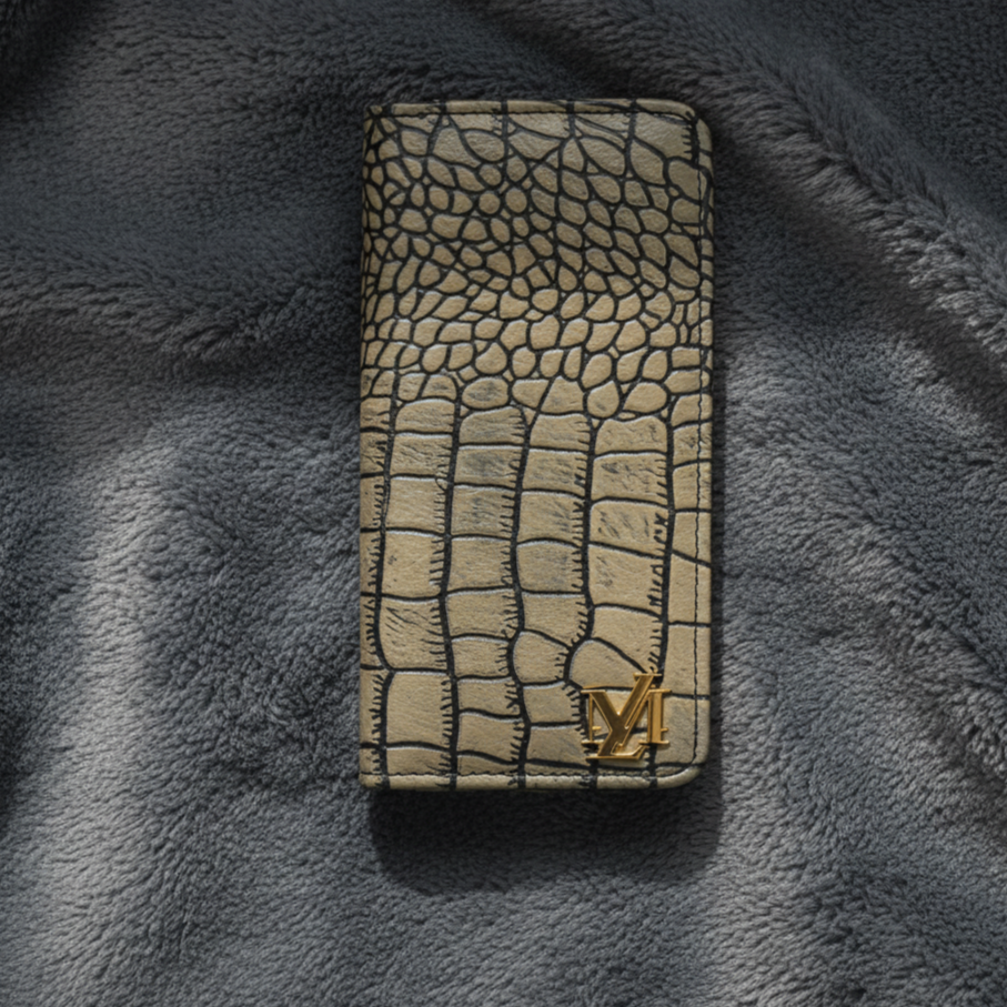 Leather wallet with crocodile texture and visible brand logo on a dark textured surface