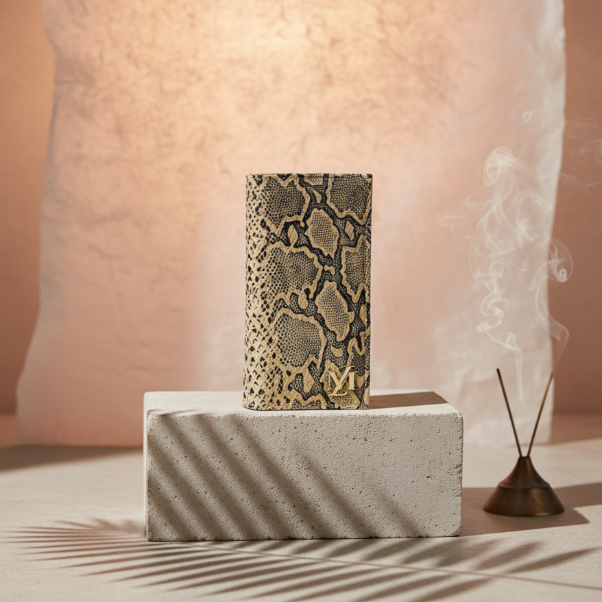 Decorative incense holder with snake skin pattern on a concrete block, with smoke and a lamp in the background.