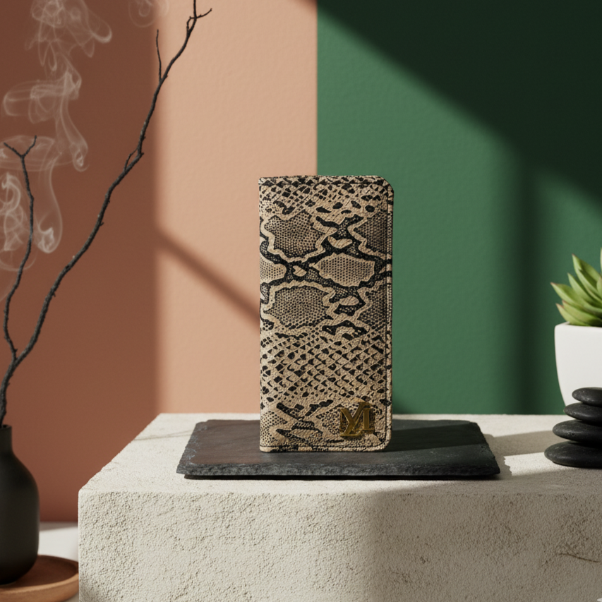 Snakeskin-patterned phone case on a stone surface with a vase and plant in the background