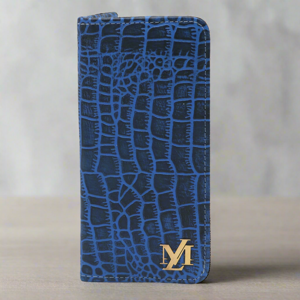Sky Blue and Black Waxed Crocodile Wallet