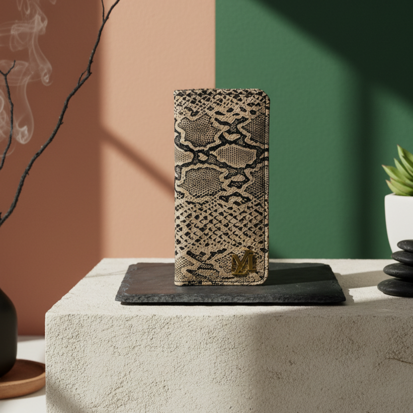 Snakeskin-patterned Leather Wallet on a stone surface with a vase and plant in the background