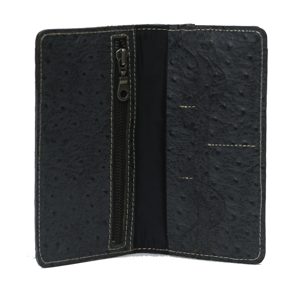Ostrich Black zipper Long Wallet