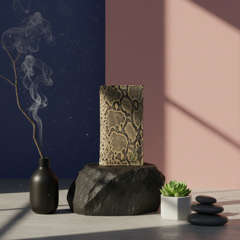 Decorative setup with a snake skin-patterned Leather Cowhide wallet, black vase with smoke, and stones on a neutral background