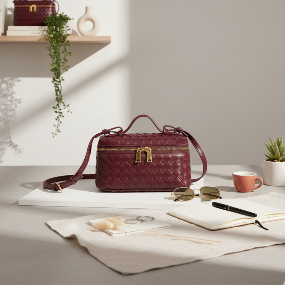 Maroon handbag on a table with a cup, sunglasses, and other items.
