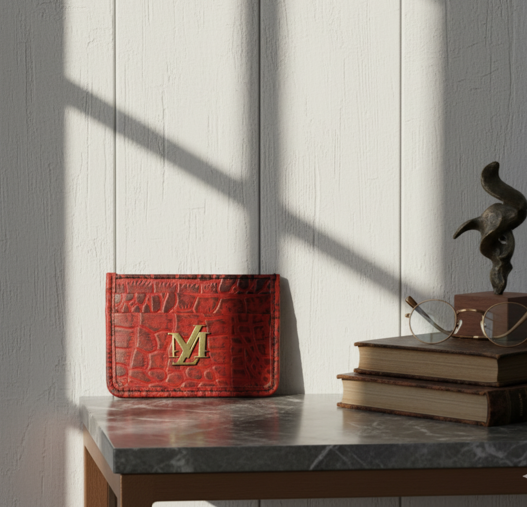 Red with Black Waxed Crocodile Card Holder
