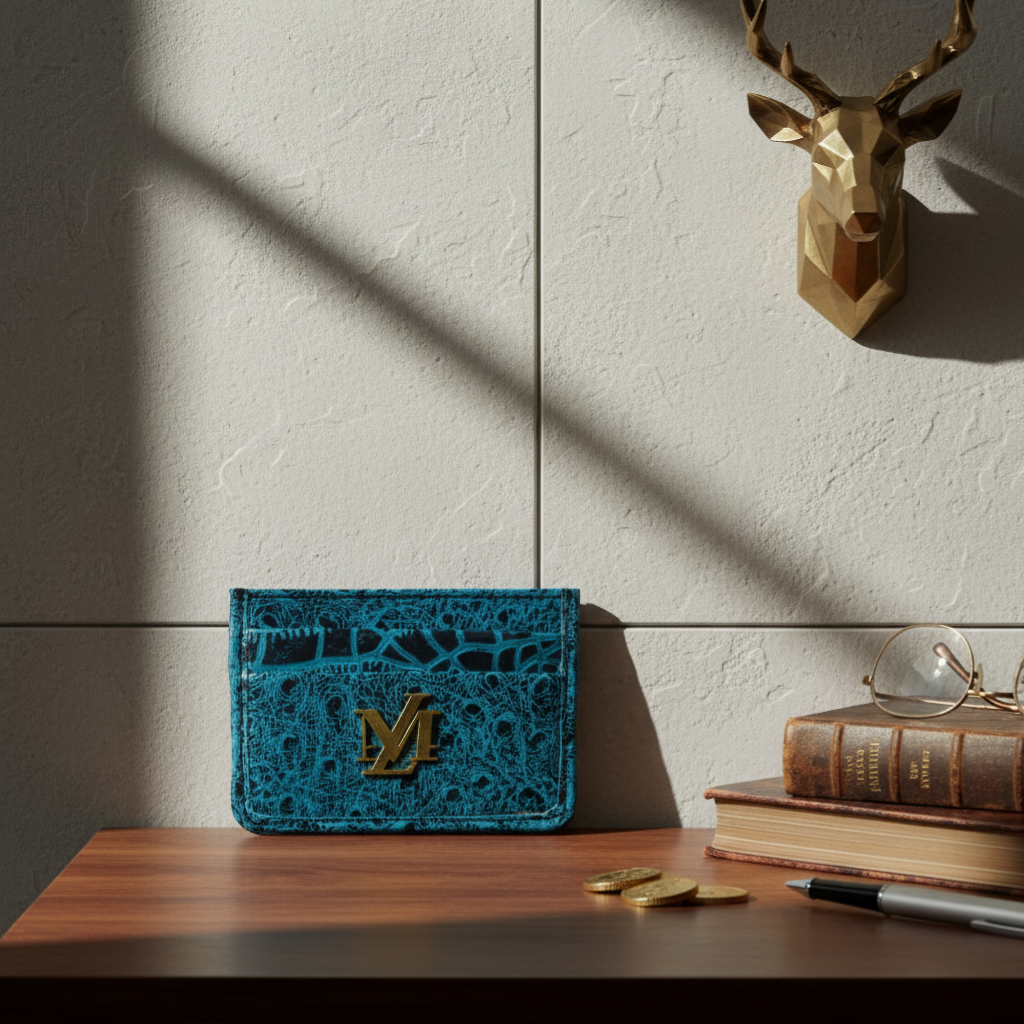 Blue with Black Waxed Ostrich Card Holder