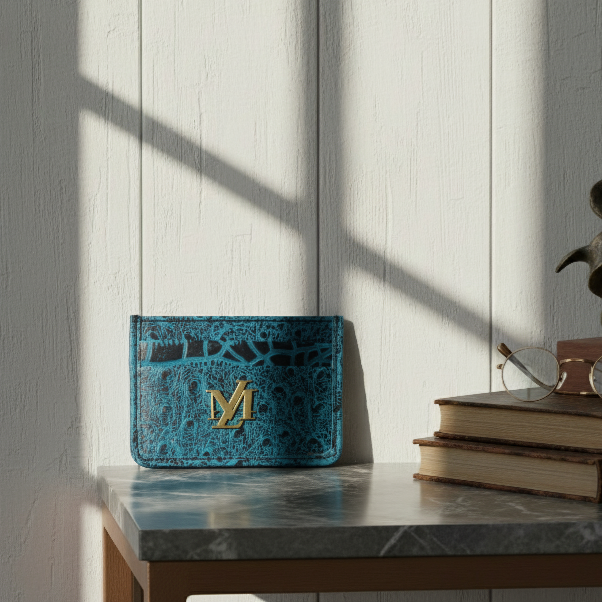 Blue with Black Waxed Ostrich Card Holder