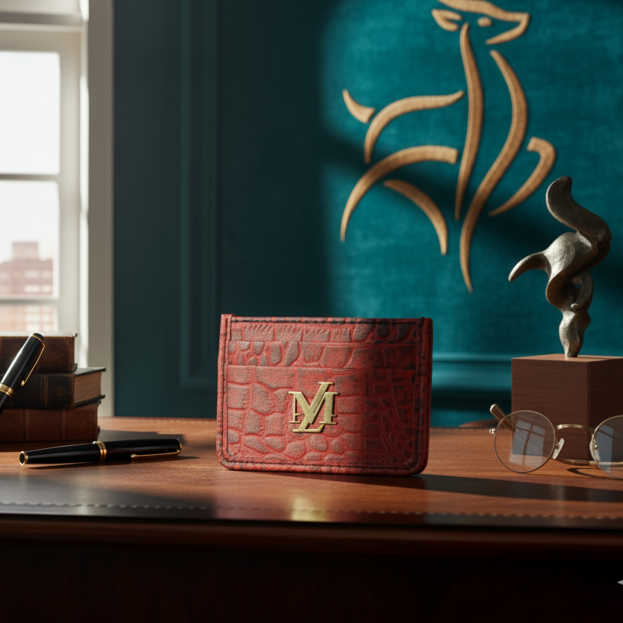 Red with Black Waxed Crocodile Card Holder