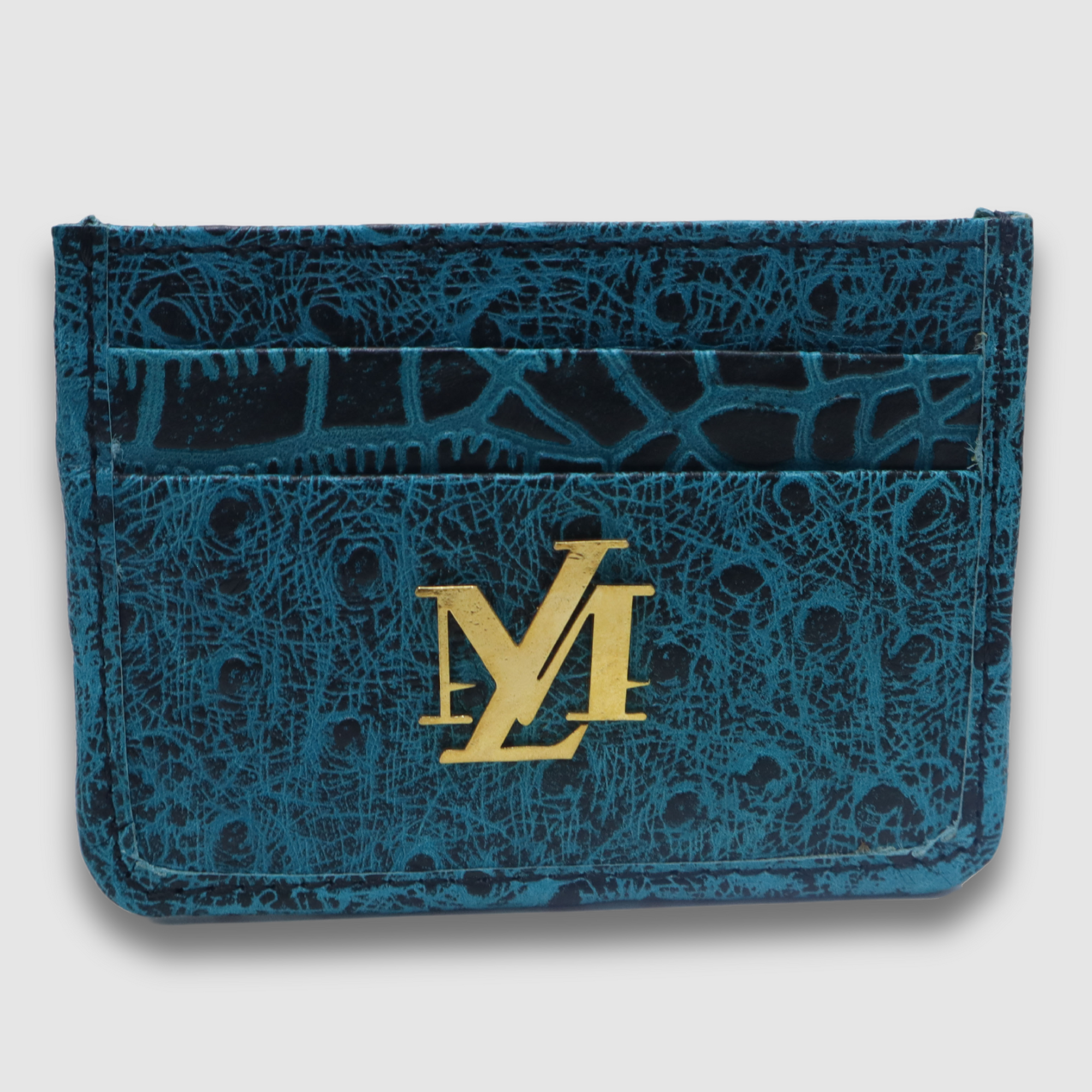 Blue with Black Waxed Ostrich Card Holder